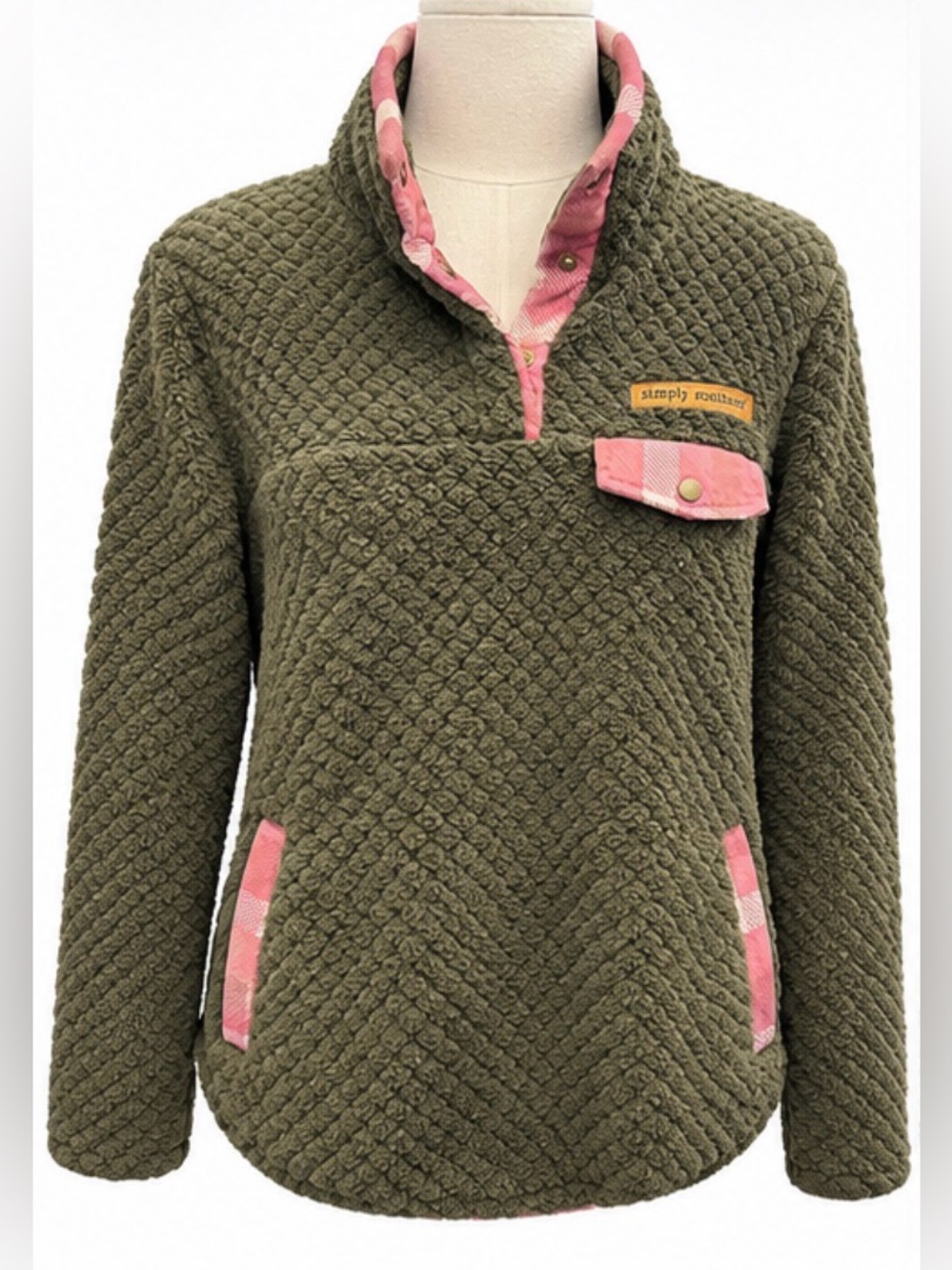 Simply Southern Simply Soft Sherpa Pullover Women’s M Olive Pink Plaid Fleece